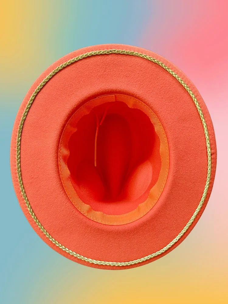 Interior view of the Sunset Prowl Fedora showing the orange lining and braided interior trim.