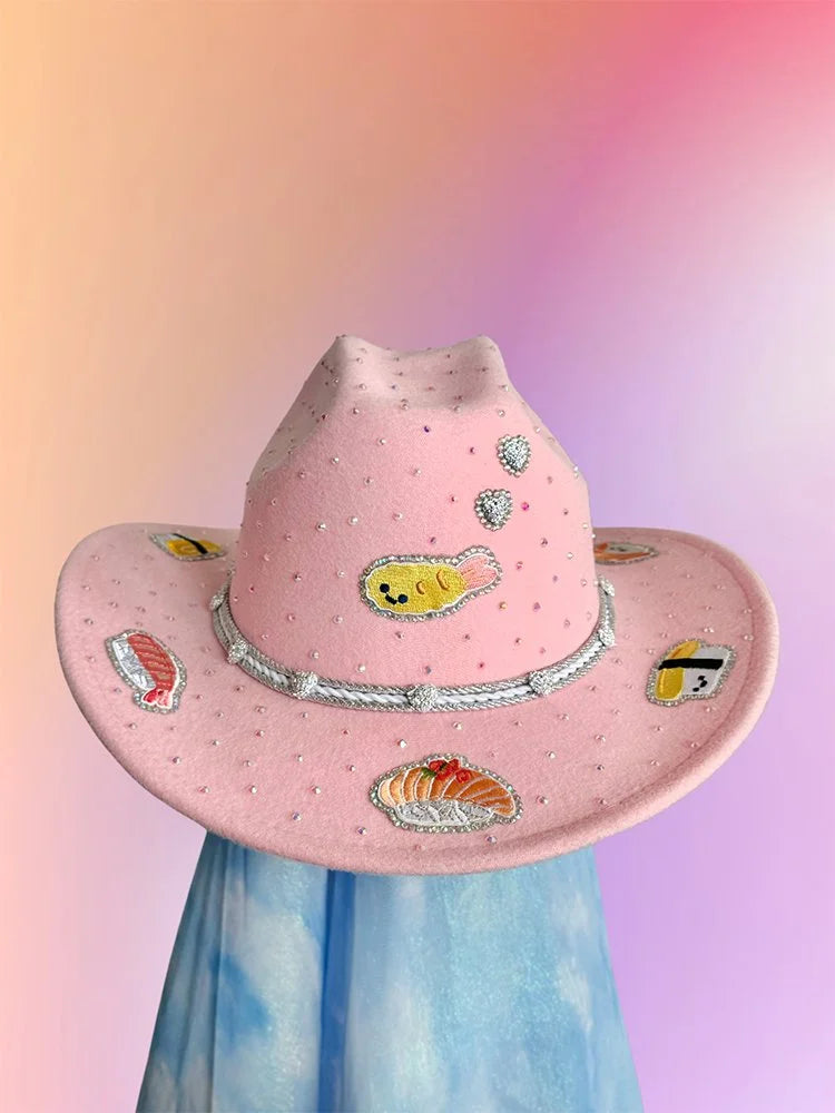 Back view of sushi cowboy hat featuring detailed sushi patches and rhinestones.