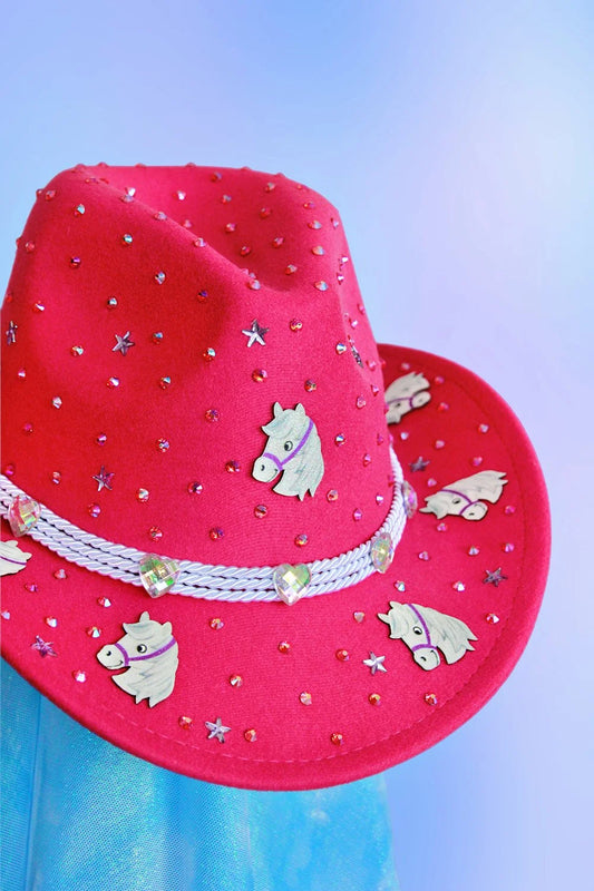 Baby pink sushi cowboy hat details with rhinestones and embroidered sushi motifs.