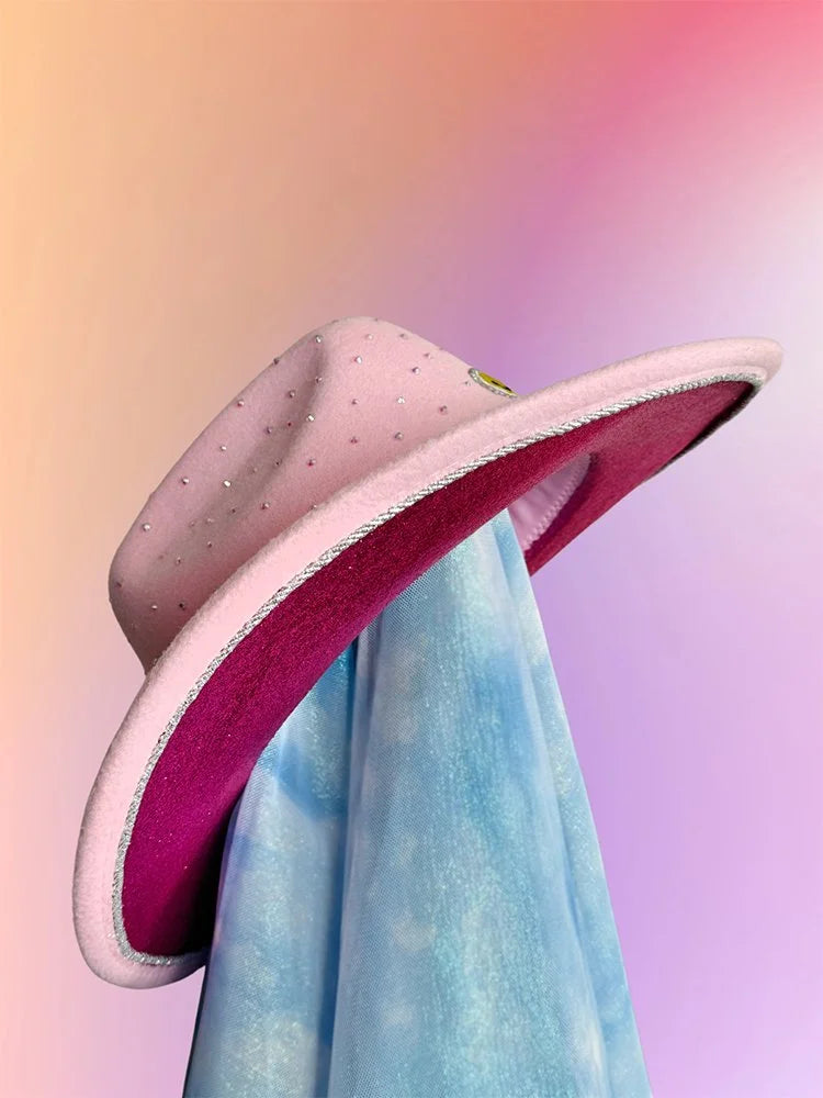 Side angle of sushi-themed cowboy hat with iridescent accents.