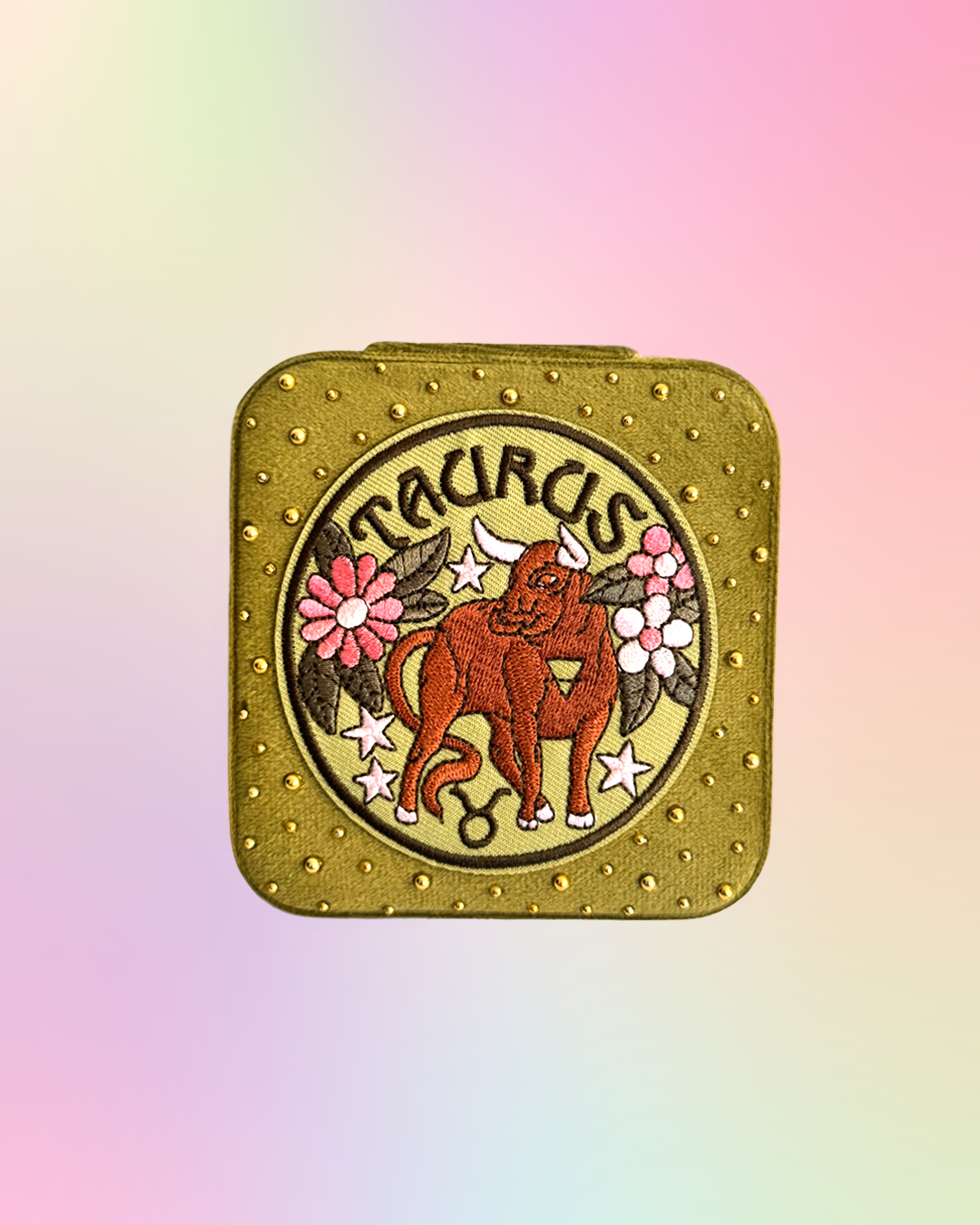 Taurus velvet zodiac jewelry box with embroidered zodiac patch and gold rhinestone details.
