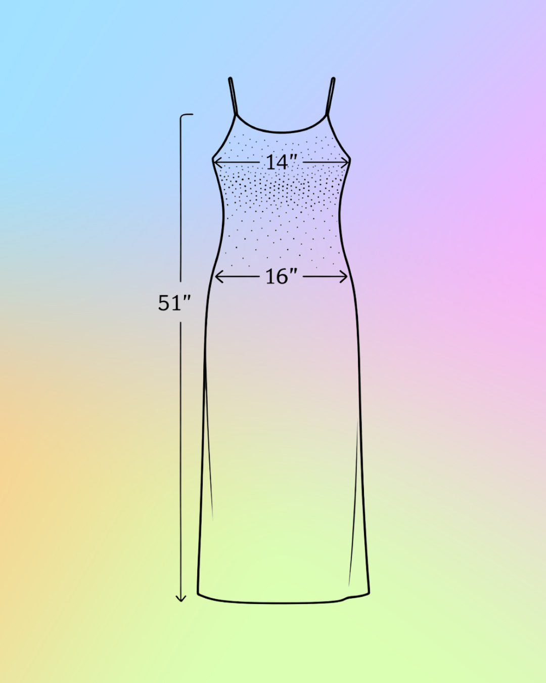 Illustrated size guide for a vintage 1990s black velvet maxi dress showing bust, hip, and length measurements for a US size 4-6 fit.