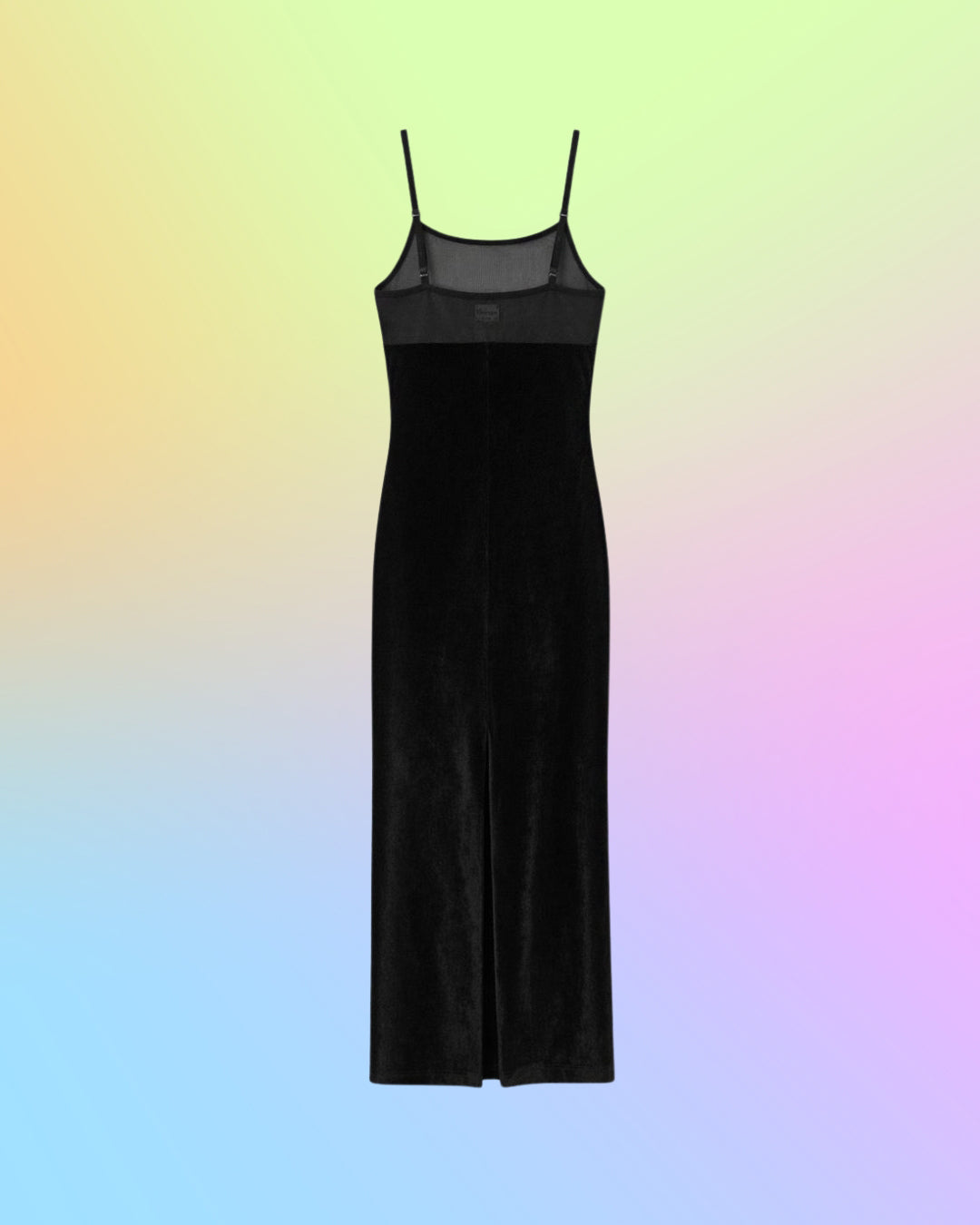 Flat lay of a vintage black velvet maxi dress showing the sheer mesh back panel, adjustable straps, and straight silhouette.