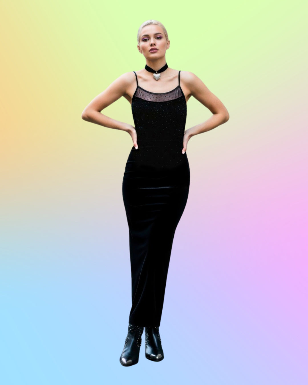 Vintage 1990s black velvet maxi dress with sheer mesh neckline and subtle glitter detailing, styled on a model with a modern Y2K aesthetic.