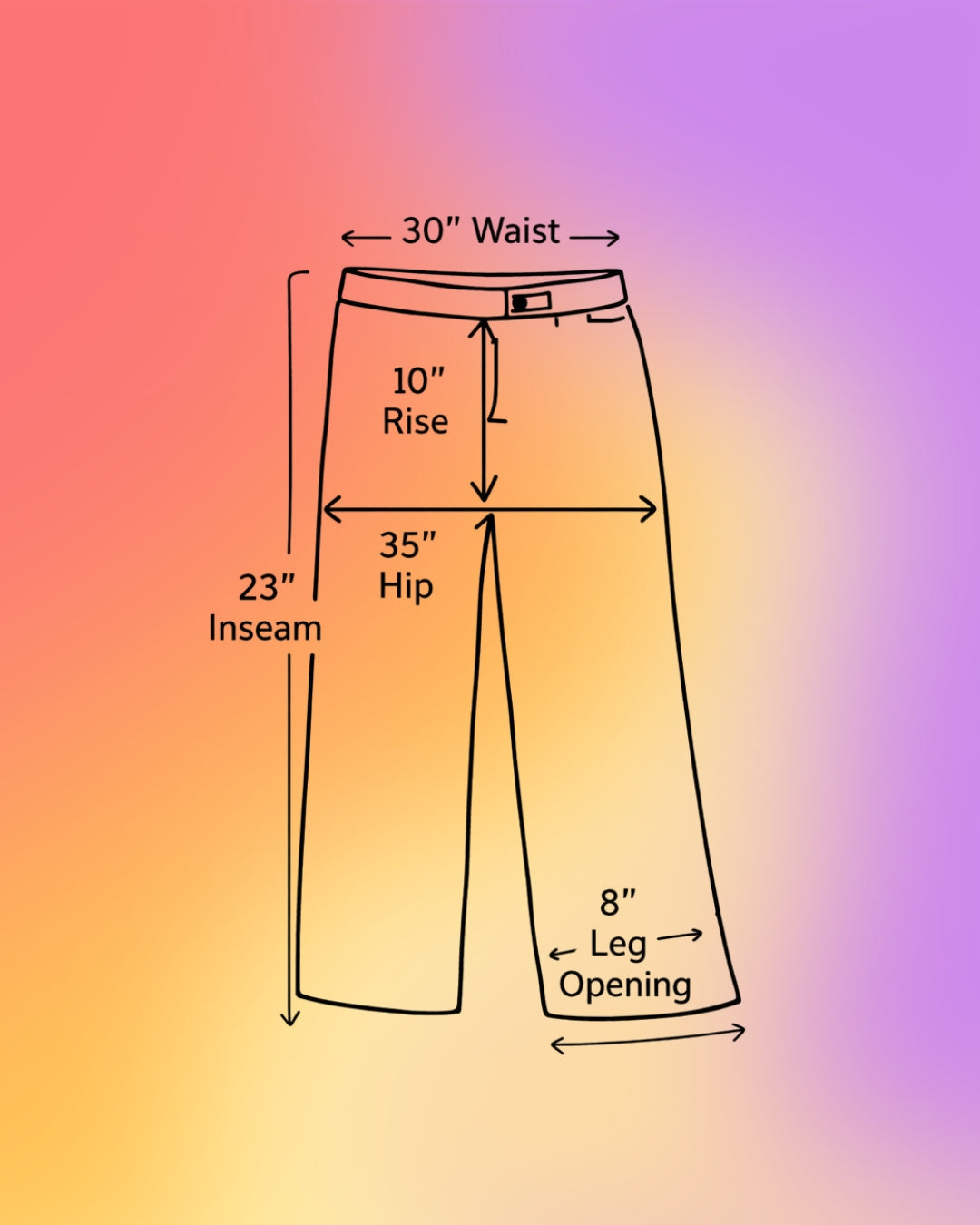 Measurement diagram of vintage Parisian floral capri pants showing waist, rise, hip, inseam, and leg opening.