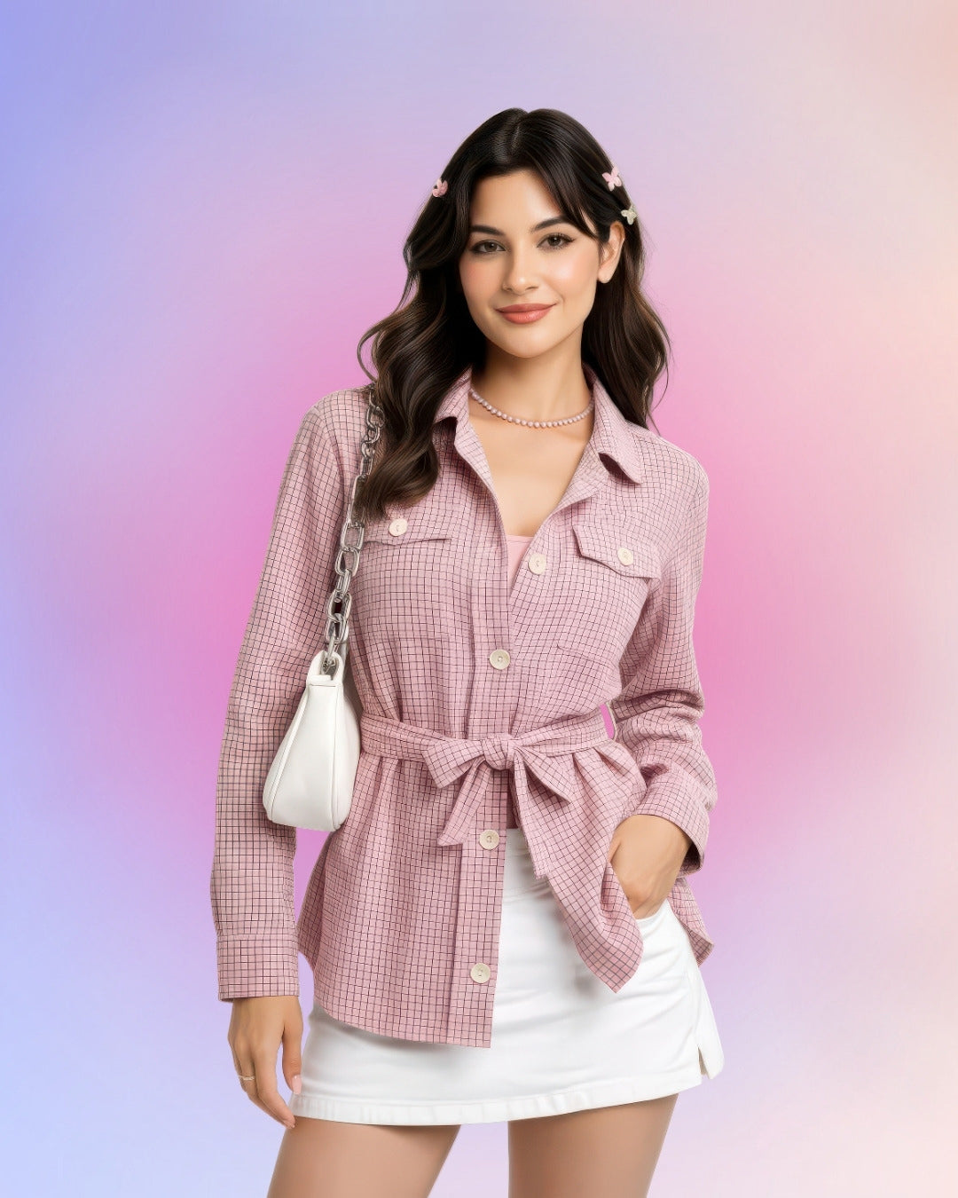 Vintage W by Worth utility shirt jacket in soft pink and olive check, women’s XS, front view with structured collar and chest flap pockets.