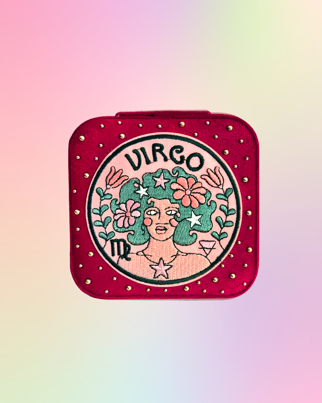 Virgo velvet zodiac jewelry box with embroidered zodiac patch and gold rhinestone details.