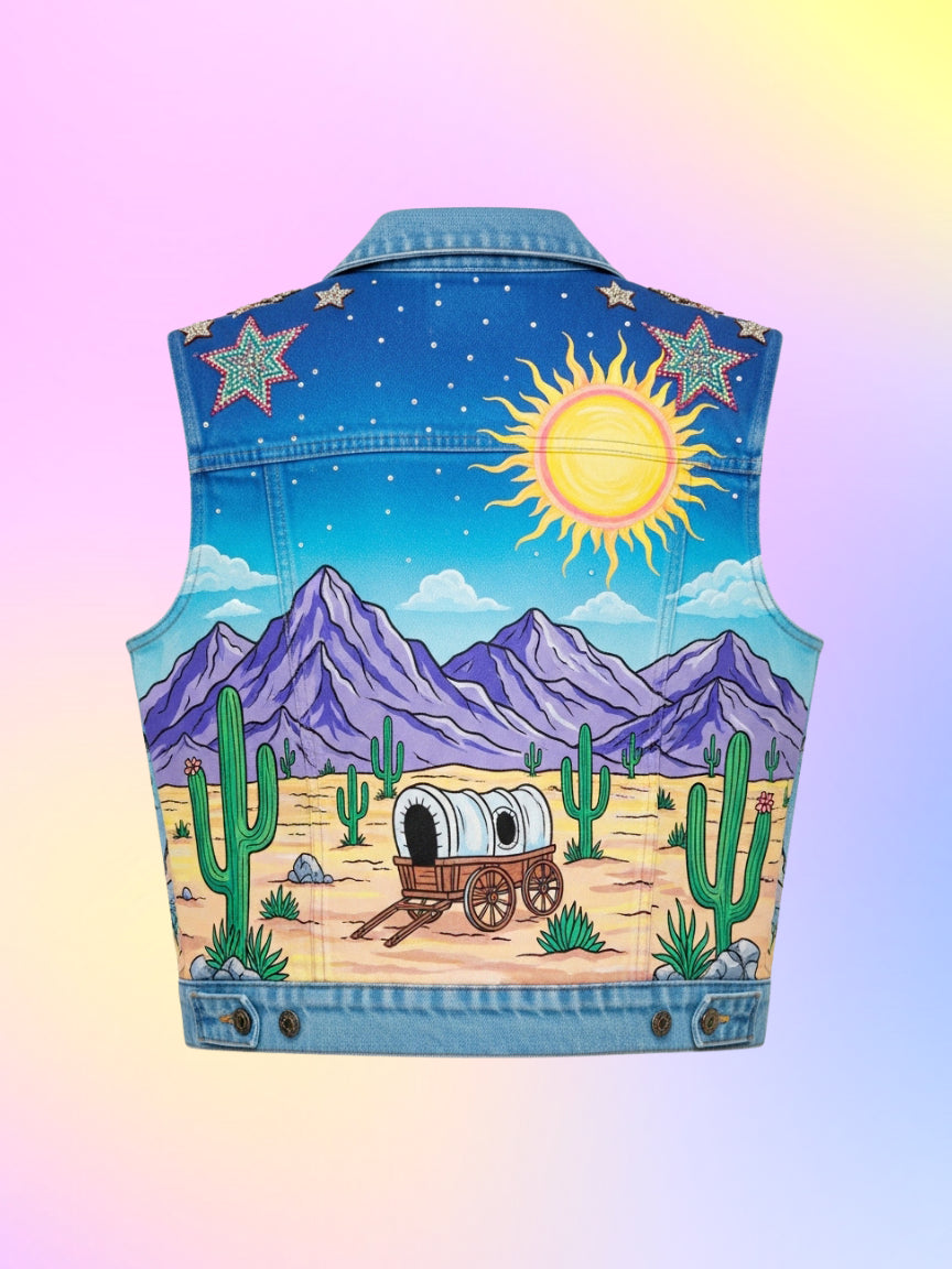 Light blue denim vest with hand-painted western scenery.