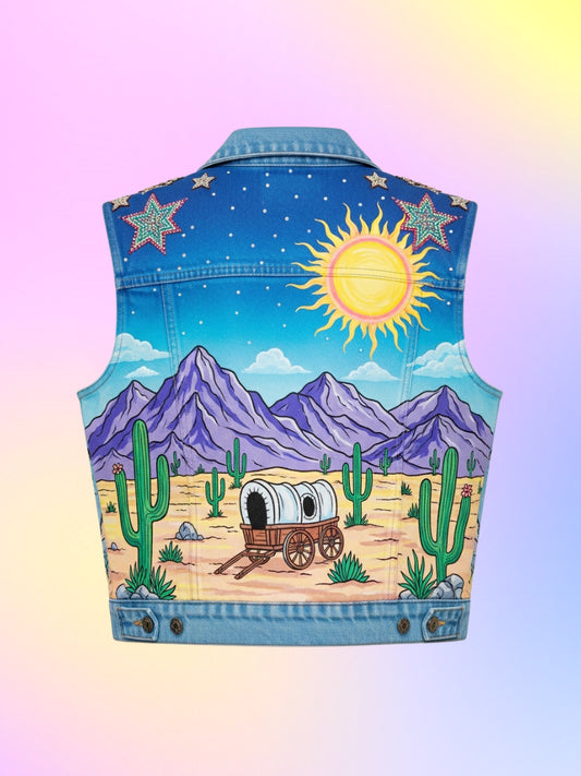 Light blue denim vest with hand-painted western scenery.
